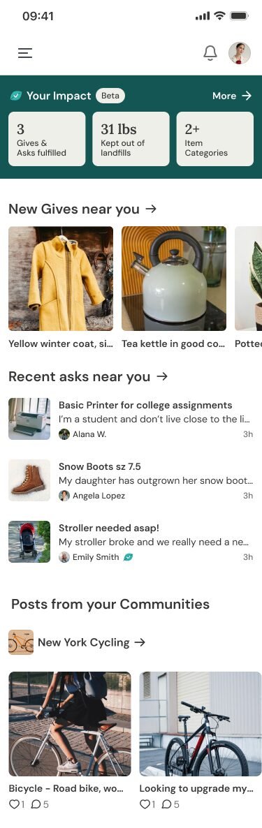 Redesigned Buy Nothing app home: Your Impact stats, new gives near you, recent asks near you, and posts from your communities