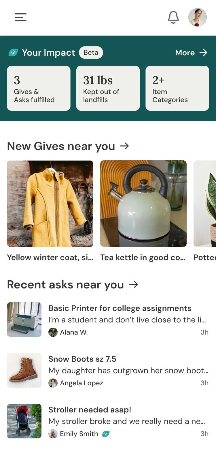 Redesigned Buy Nothing app home: Your Impact stats, new gives near you, and recent asks near you